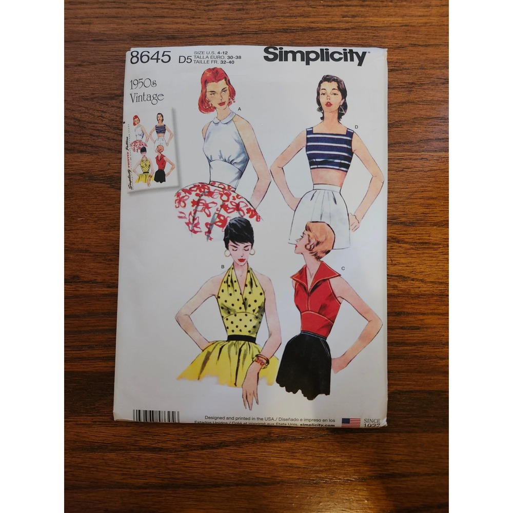 Simplicity 8645 1950s Vintage Style Tops Sewing Pattern Size 4-12 Halter Cropped